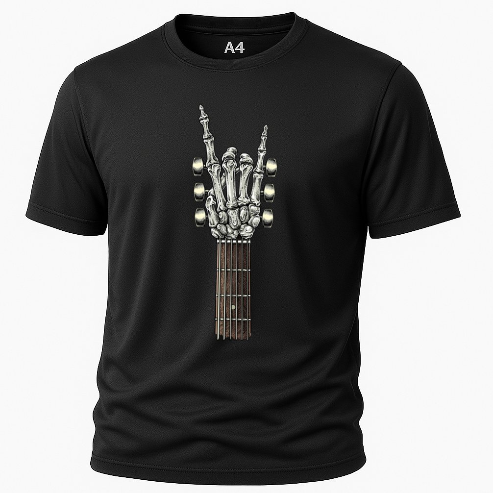 Rock On Guitar Neck Skeleton Hand Sign Rock And Roll Band Meaningful Gift Cooling Performance Crew T-Shirt
