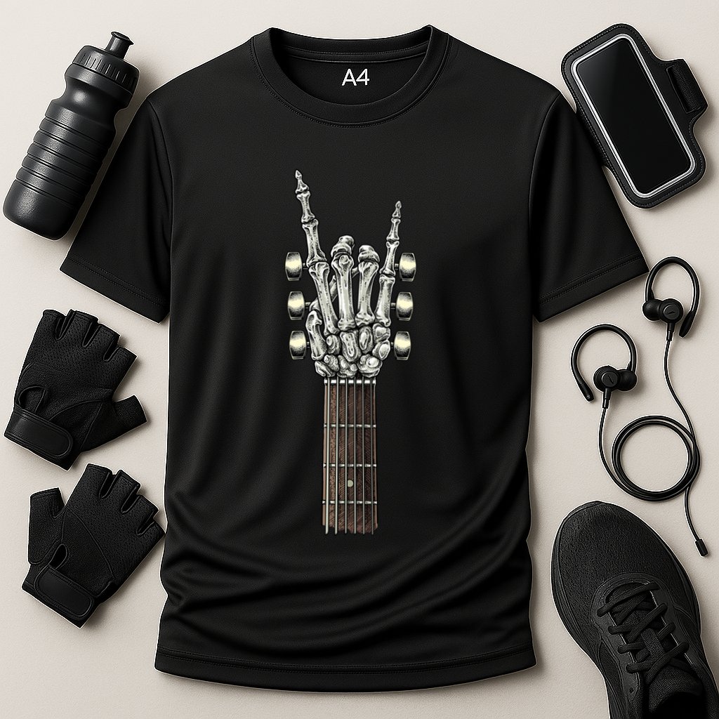 Rock On Guitar Neck Skeleton Hand Sign Rock And Roll Band Meaningful Gift Cooling Performance Crew T-Shirt