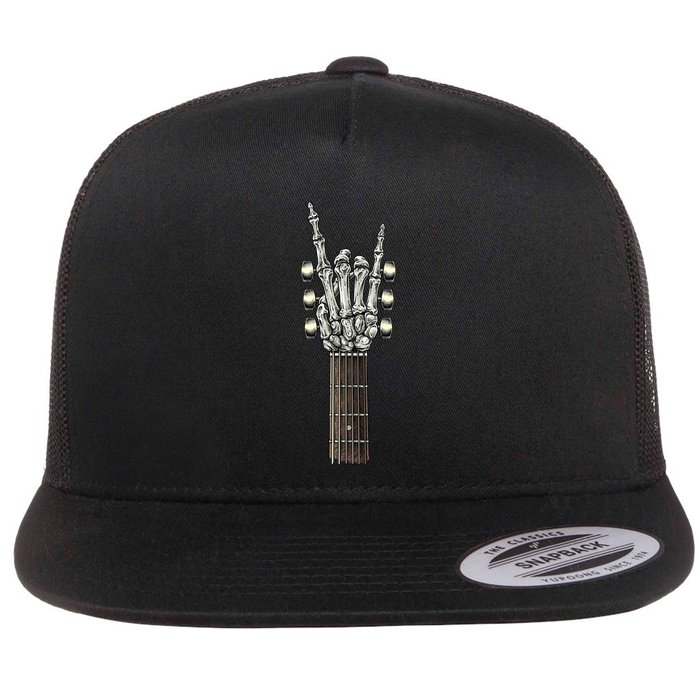 Rock On Guitar Neck Skeleton Hand Sign Rock And Roll Band Meaningful Gift Flat Bill Trucker Hat