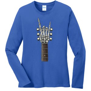 Rock On Guitar Neck Skeleton Hand Sign Rock And Roll Band Meaningful Gift Ladies Long Sleeve Shirt