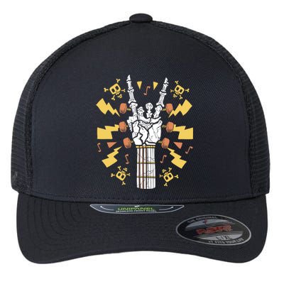 Rock On Guitar Neck Sweet Rock And Roll Skeleton Hand Gig Gift Flexfit Unipanel Trucker Cap