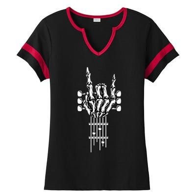 Rock On Guitar Neck With A Sweet Rock & Roll Skeleton Hand Ladies Halftime Notch Neck Tee