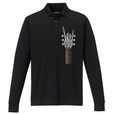 Rock On Guitar Neck Gift With A Sweet Rock And Roll Skeleton Hand Funny Gift Performance Long Sleeve Polo