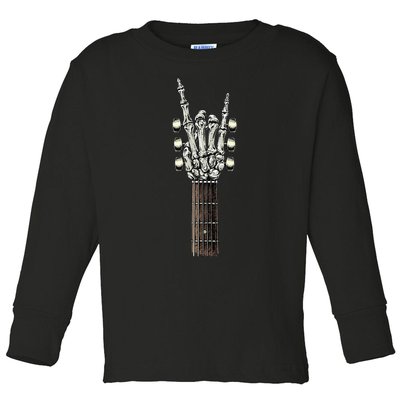 Rock On Guitar Neck With A Sweet Rock & Roll Skeleton Hand Toddler Long Sleeve Shirt