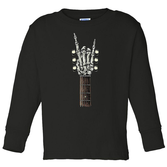 Rock On Guitar Neck With A Sweet Rock & Roll Skeleton Hand Toddler Long Sleeve Shirt