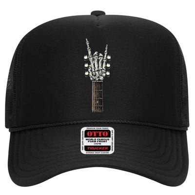 Rock On Guitar Neck Rock & Roll Halloween Skeleton Hand High Crown Mesh Back Trucker Hat