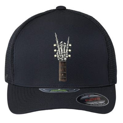 Rock On Guitar Neck Rock & Roll Halloween Skeleton Hand Flexfit Unipanel Trucker Cap