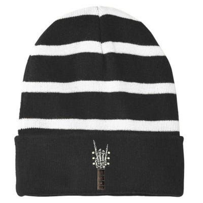 Rock On Guitar Neck Rock & Roll Halloween Skeleton Hand Striped Beanie with Solid Band