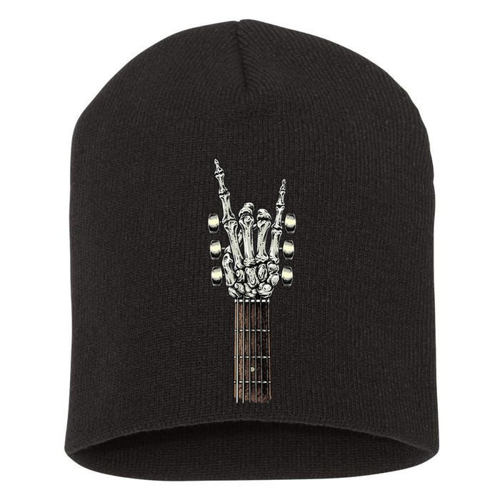 Rock On Guitar Neck Rock & Roll Halloween Skeleton Hand Short Acrylic Beanie