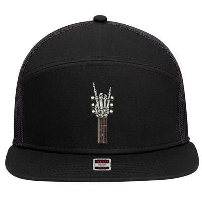 Rock On Guitar Neck - With A Sweet Rock & Roll Skeleton Hand 7 Panel Mesh Trucker Snapback Hat