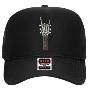 Rock On Guitar Neck - With A Sweet Rock & Roll Skeleton Hand High Crown Mesh Back Trucker Hat