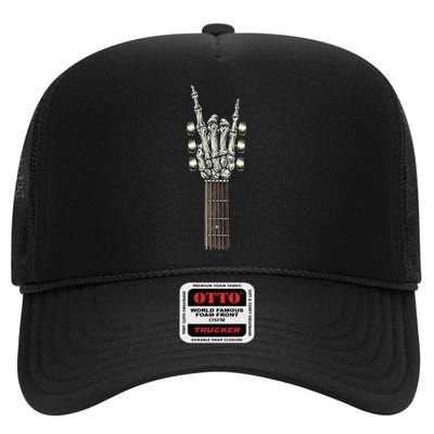 Rock On Guitar Neck - With A Sweet Rock & Roll Skeleton Hand High Crown Mesh Back Trucker Hat