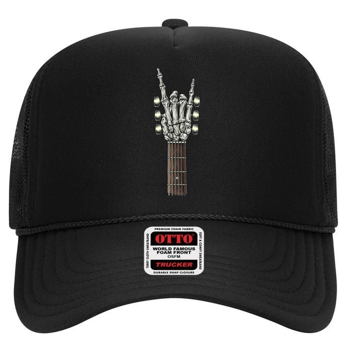 Rock On Guitar Neck - With A Sweet Rock & Roll Skeleton Hand High Crown Mesh Back Trucker Hat