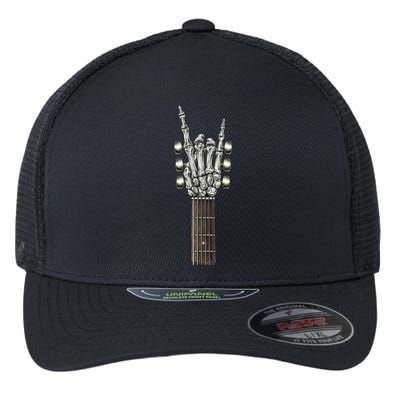 Rock On Guitar Neck - With A Sweet Rock & Roll Skeleton Hand Flexfit Unipanel Trucker Cap