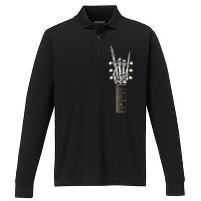 Rock On Guitar Neck Skeleton Hand Sign Performance Long Sleeve Polo