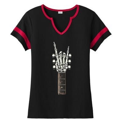 Rock On Guitar Neck With A Sweet Rock Roll Skeleton Hand Ladies Halftime Notch Neck Tee