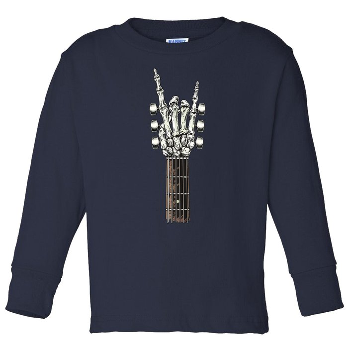 Rock On Guitar Neck With A Sweet Rock Roll Skeleton Hand Toddler Long Sleeve Shirt