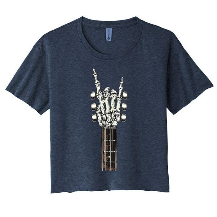 Rock On Guitar Neck With A Sweet Rock Roll Skeleton Hand Women's Crop Top Tee