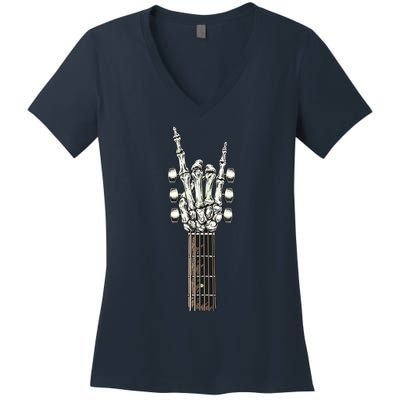 Rock On Guitar Neck With A Sweet Rock Roll Skeleton Hand Women's V-Neck T-Shirt