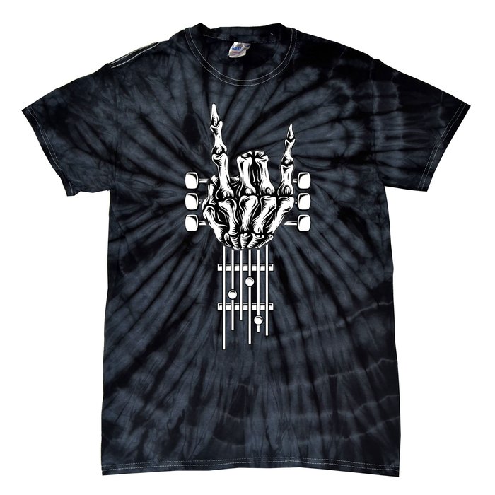 Rock On Guitar Neck Rock & Roll Halloween Skeleton Hand Tie-Dye T-Shirt