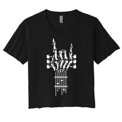 Rock On Guitar Neck Rock & Roll Halloween Skeleton Hand Women's Crop Top Tee