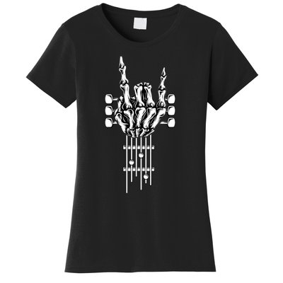 Rock On Guitar Neck Rock & Roll Halloween Skeleton Hand Women's T-Shirt