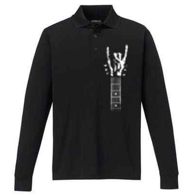 Rock On Guitar Neck With A Sweet Rock And Roll Skeleton Hand Gift Performance Long Sleeve Polo