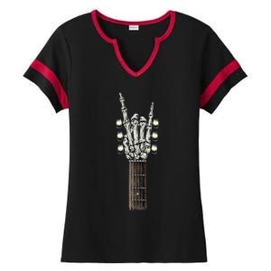 Rock On Guitar Neck Rock & Roll Halloween Skeleton Hand Ladies Halftime Notch Neck Tee