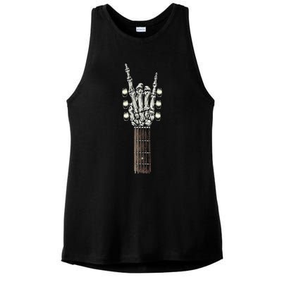 Rock On Guitar Neck Rock & Roll Halloween Skeleton Hand Ladies PosiCharge Tri-Blend Wicking Tank