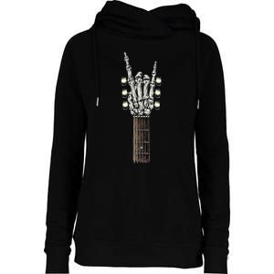 Rock On Guitar Neck Rock & Roll Halloween Skeleton Hand Womens Funnel Neck Pullover Hood