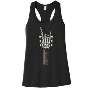 Rock On Guitar Neck Rock & Roll Halloween Skeleton Hand Women's Racerback Tank