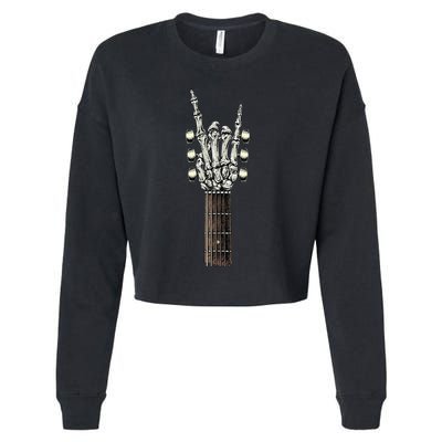 Rock On Guitar Neck Rock & Roll Halloween Skeleton Hand Cropped Pullover Crew