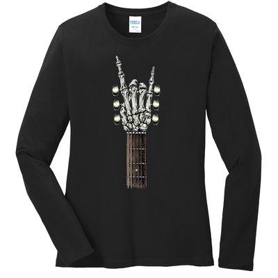 Rock On Guitar Neck Rock & Roll Halloween Skeleton Hand Ladies Long Sleeve Shirt