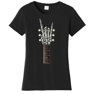 Rock On Guitar Neck Rock & Roll Halloween Skeleton Hand Women's T-Shirt