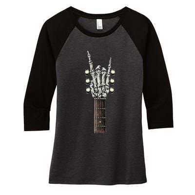 Rock On Guitar Neck Rock & Roll Halloween Skeleton Hand Women's Tri-Blend 3/4-Sleeve Raglan Shirt