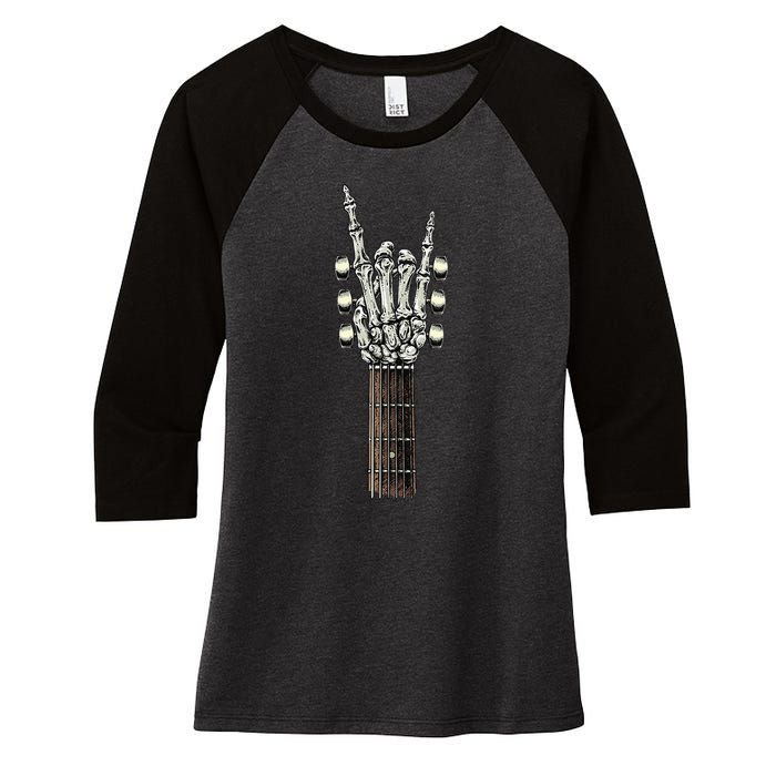 Rock On Guitar Neck Rock & Roll Halloween Skeleton Hand Women's Tri-Blend 3/4-Sleeve Raglan Shirt