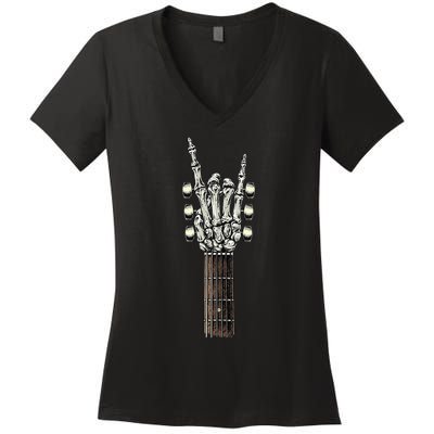 Rock On Guitar Neck Rock & Roll Halloween Skeleton Hand Women's V-Neck T-Shirt