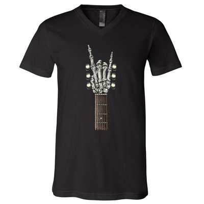 Rock On Guitar Neck With A Sweet Rock & Roll Skeleton Hand V-Neck T-Shirt