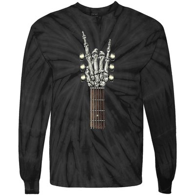 Rock On Guitar Neck With A Sweet Rock & Roll Skeleton Hand Tie-Dye Long Sleeve Shirt