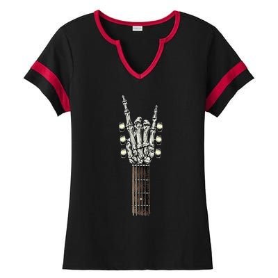 Rock On Guitar Neck Rock & Roll Halloween Skeleton Hand Ladies Halftime Notch Neck Tee