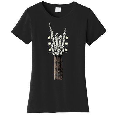 Rock On Guitar Neck With A Sweet Rock & Roll Skeleton Hand Women's T-Shirt