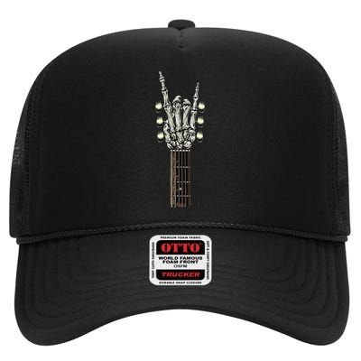 Rock On Guitar Neck Skeleton Hand Sign Rock & Roll Band High Crown Mesh Back Trucker Hat