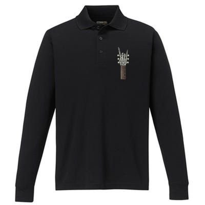 Rock On Guitar Neck With A Sweet Rock & Roll Skeleton Hand Performance Long Sleeve Polo