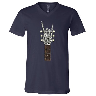 Rock On Guitar Neck With A Sweet Rock & Roll Skeleton Hand V-Neck T-Shirt