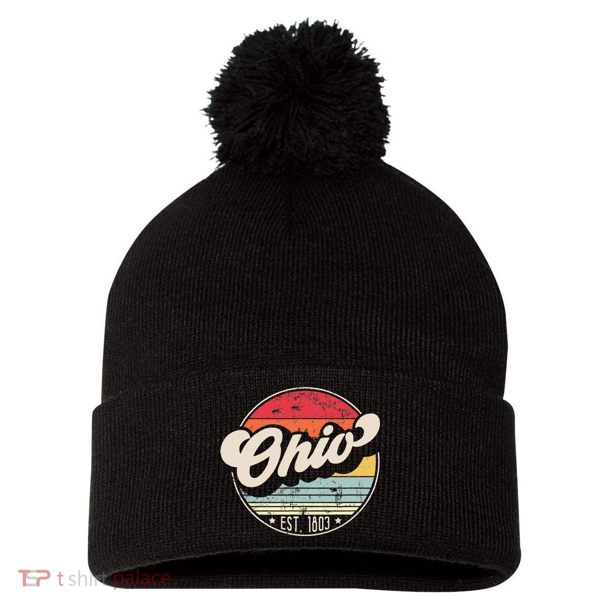 Retro Ohio Home State Oh Cool 70s Style Sunset Pom Pom 12in Knit Beanie