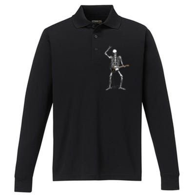 Rock On Halloween Skeleton Guitarist Rock And Roll Band Performance Long Sleeve Polo