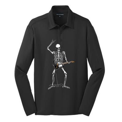 Rock On Halloween Skeleton Guitarist Rock And Roll Band Silk Touch Performance Long Sleeve Polo