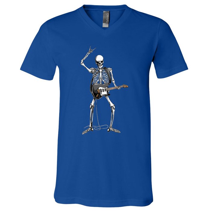 Rock On Halloween Skeleton Guitarist Rock And Roll Band V-Neck T-Shirt