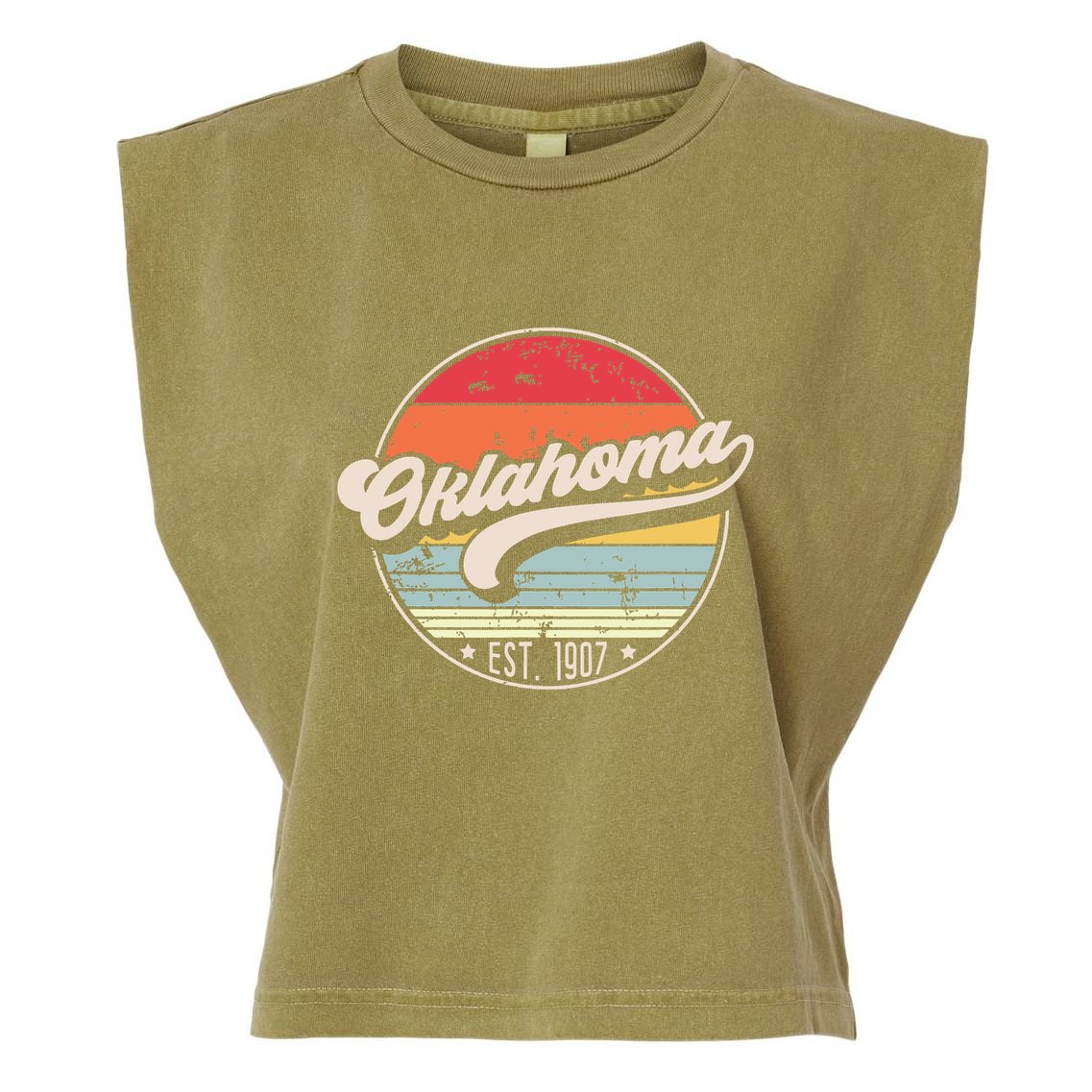 Retro Oklahoma Home State Ok Cool 70s Style Sunset Garment-Dyed Women's Muscle Tee