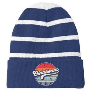 Retro Oklahoma Home State Ok Cool 70s Style Sunset Striped Beanie with Solid Band